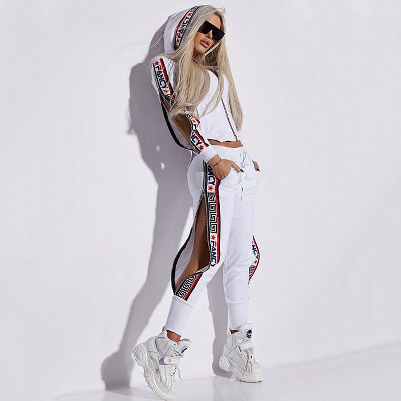 Oshoplive Split-Side Hooded Jacket & Pants Set – Casual Letter Print 2-Piece Gym Suit