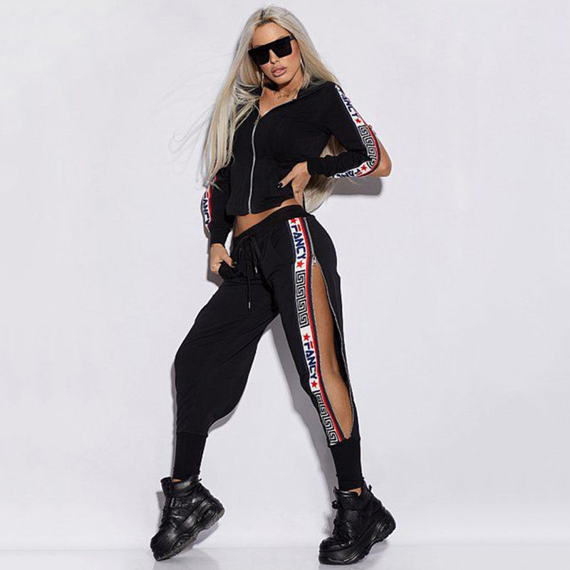 Oshoplive Split-Side Hooded Jacket & Pants Set – Casual Letter Print 2-Piece Gym Suit