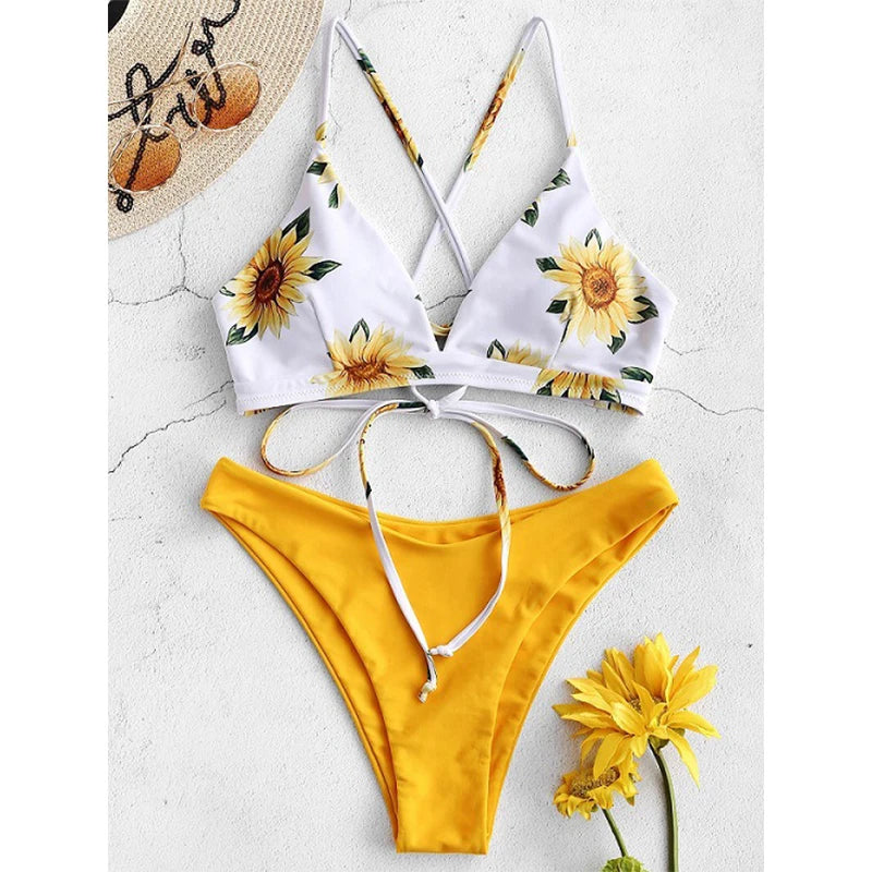 Solar Kiss – Sunflower Print Push-Up Bikini Set