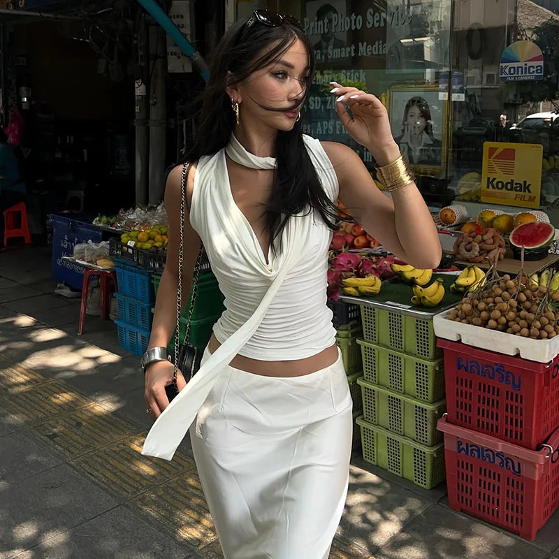 Whispers of Elegance – Solid V-Neck Knitted Bandage Tank Top