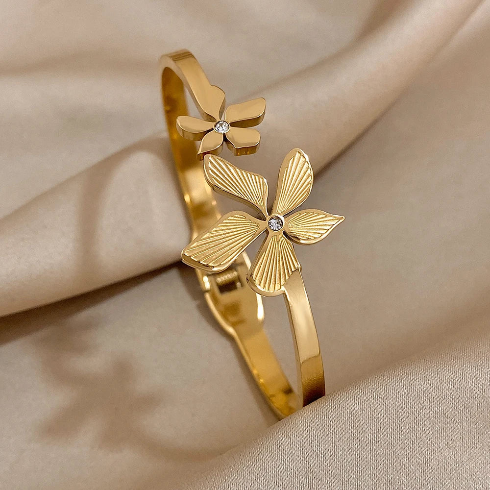 Bloom in Grace – Stainless Steel Double Flower Cuff Bracelet