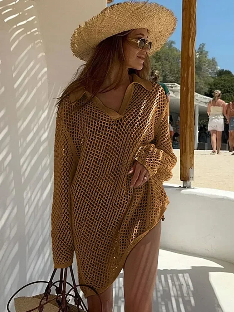 Golden Dune – Boho Hollow-Out Knit Midi Beach Dress