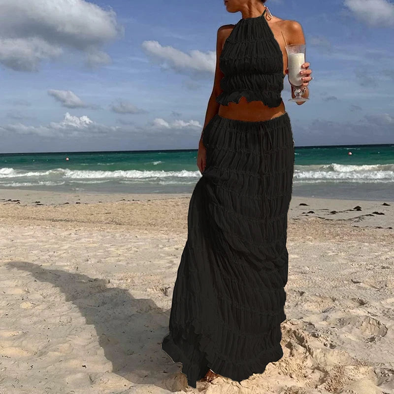 Sundazed Muse – Boho Backless Halter Top & Maxi Skirt Set