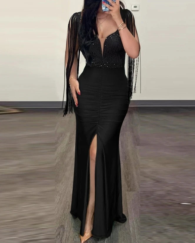 Elegant Sequin Ruched Evening Dress for Women – Sexy Slit Party Gown