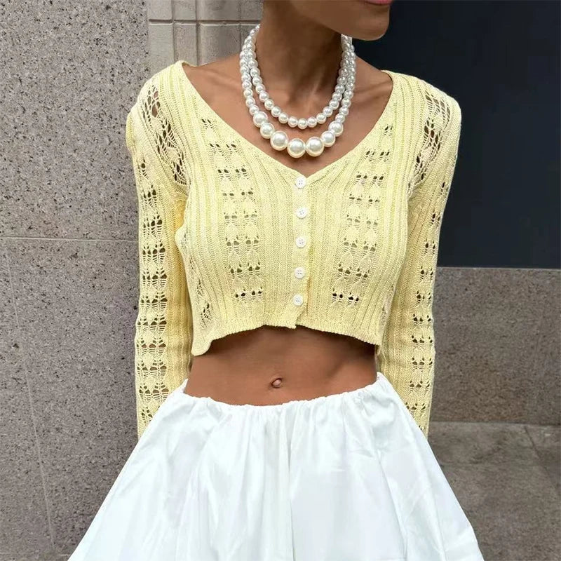 Starlit Dusk – Hollow Knit Slim Cardigan for Summer Evenings