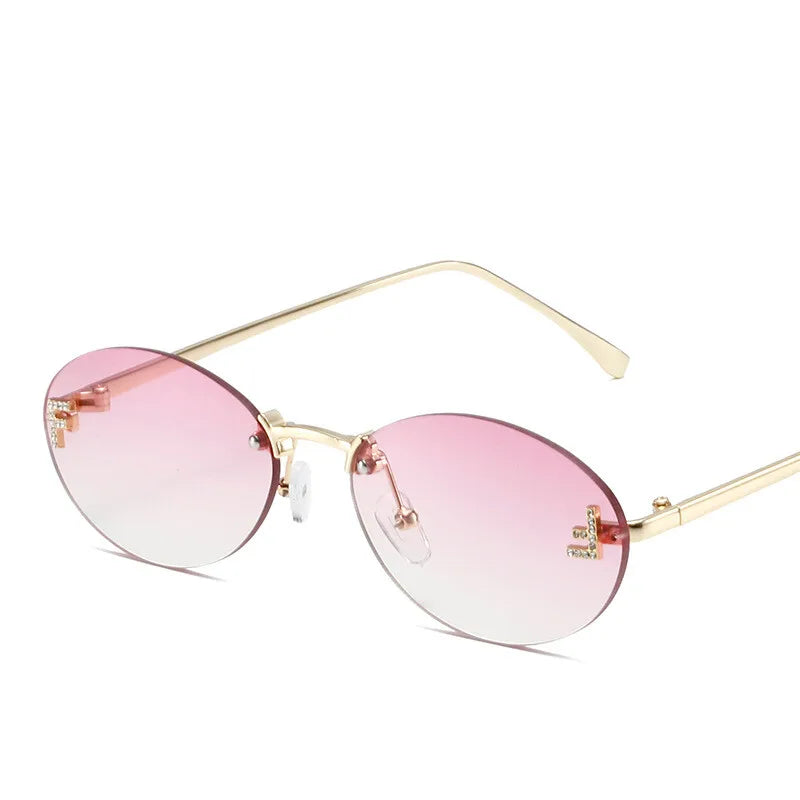 Diamond "F" Rimless Oval Sunglasses – Luxury Unisex Small Frame Shades | Livia & Co