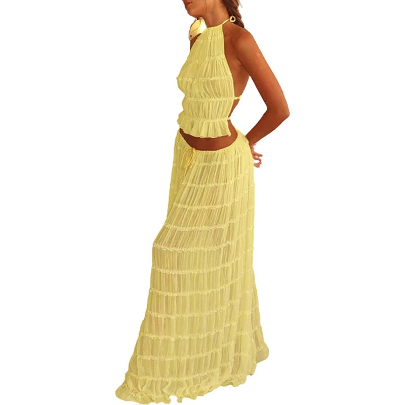 Sundazed Muse – Boho Backless Halter Top & Maxi Skirt Set