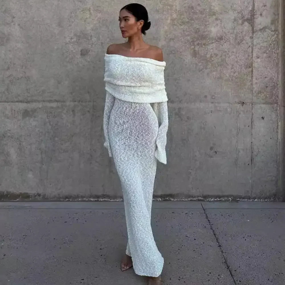 Starlit Reverie – Elegant Hollow-Out Off-Shoulder Knit Dress