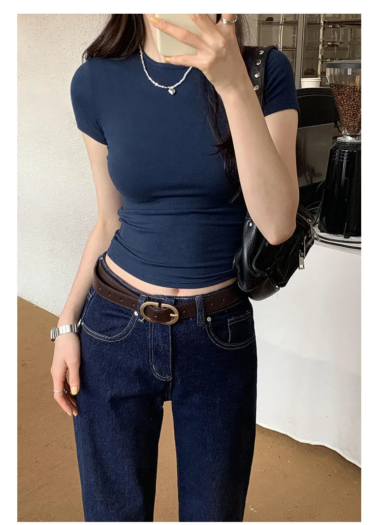 Basic Solid Crop Top Short Sleeve Crewneck Skinny T-shirt: A Whisper of Summer Elegance