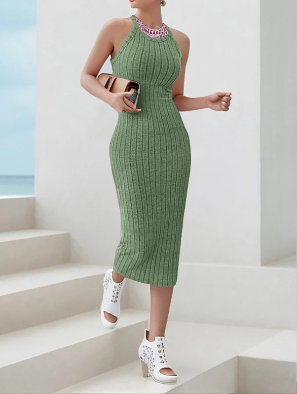Chic Contour – Solid Halter Neck Bodycon Ribbed Knit Tank Dress for Women