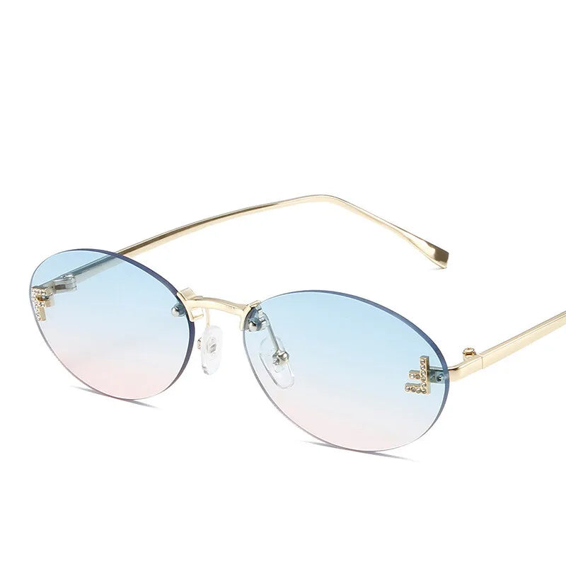 Diamond "F" Rimless Oval Sunglasses – Luxury Unisex Small Frame Shades | Livia & Co