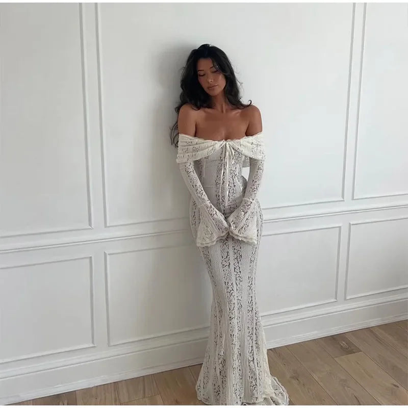 "Midnight Elegance" Lace-Up Backless Off-Shoulder Long Dress