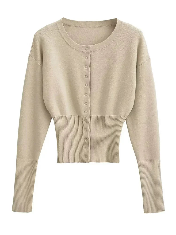 Whispers of Autumn – Ribbed Patchwork Cropped Knit Cardigan