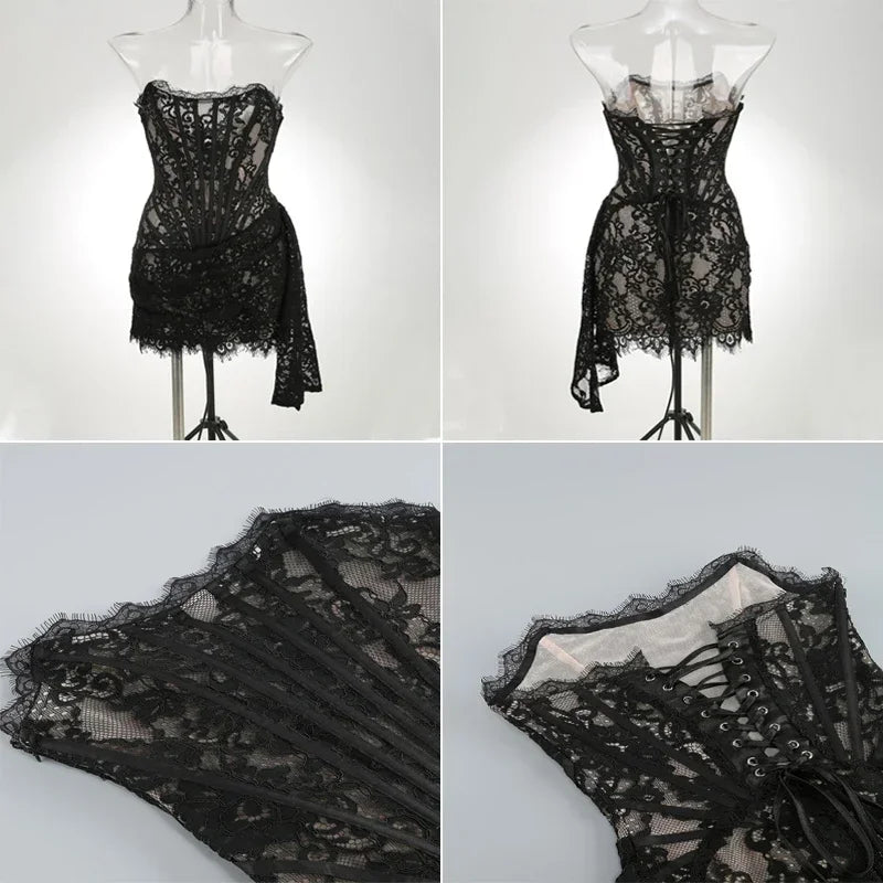 Midnight Bloom – Sheer Lace Strapless Evening Dress