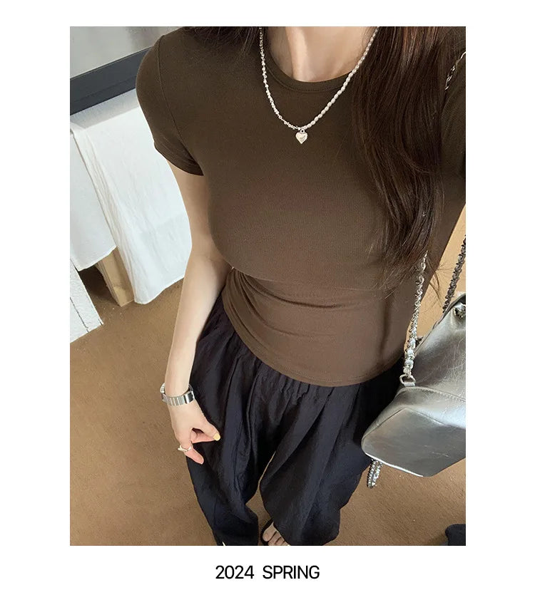 Basic Solid Crop Top Short Sleeve Crewneck Skinny T-shirt: A Whisper of Summer Elegance