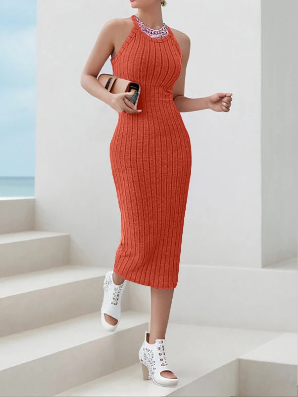 Chic Contour – Solid Halter Neck Bodycon Ribbed Knit Tank Dress for Women
