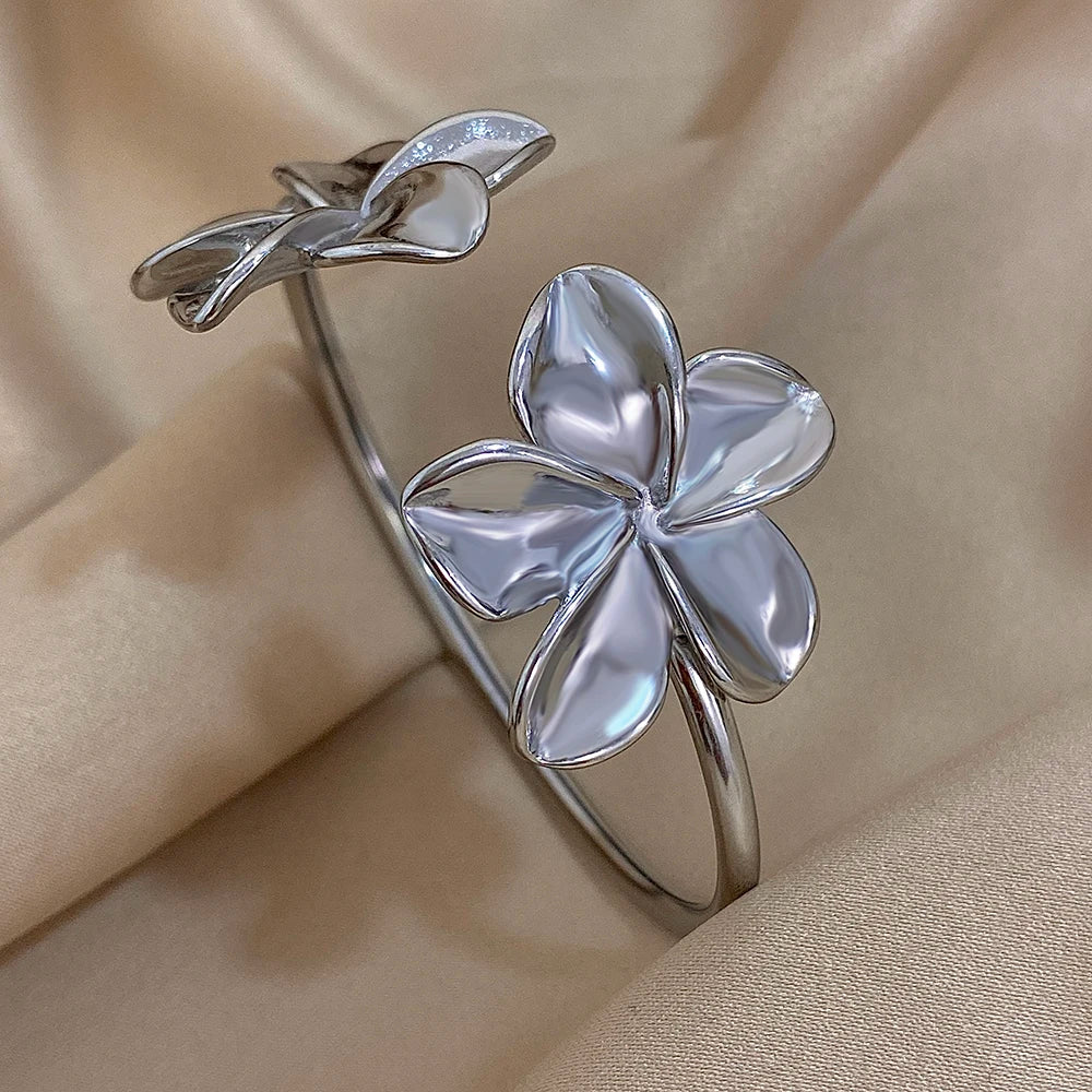 Bloom in Grace – Stainless Steel Double Flower Cuff Bracelet