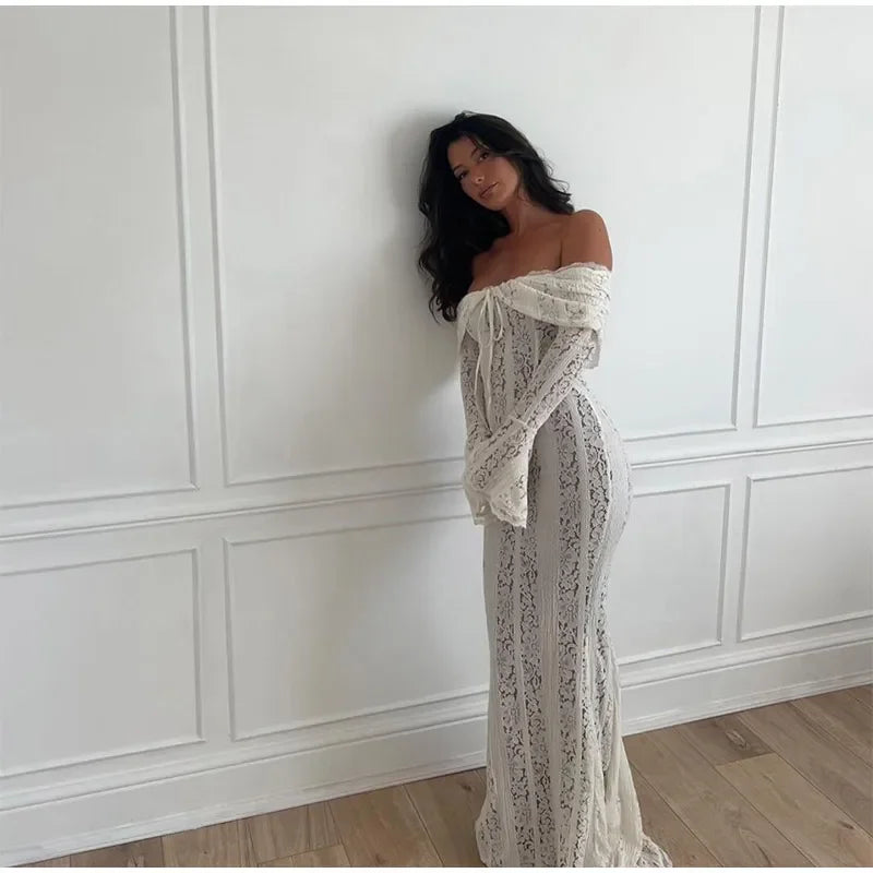 "Midnight Elegance" Lace-Up Backless Off-Shoulder Long Dress