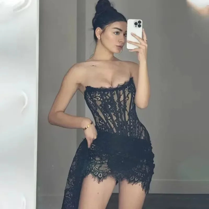 Midnight Bloom – Sheer Lace Strapless Evening Dress
