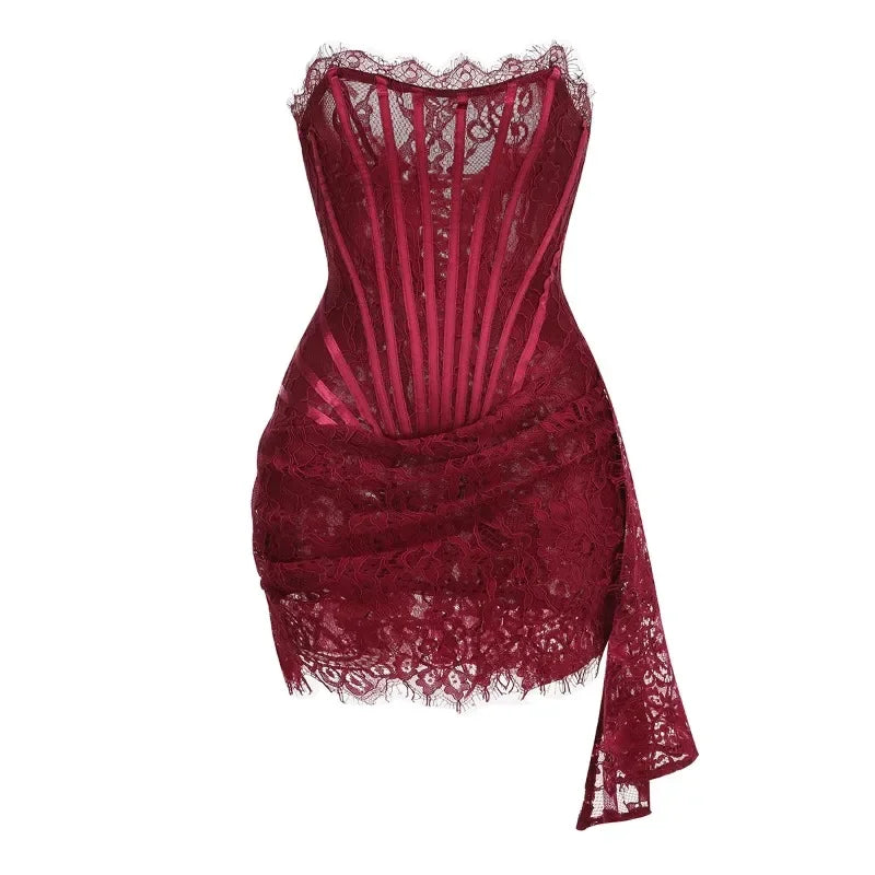 Midnight Bloom – Sheer Lace Strapless Evening Dress