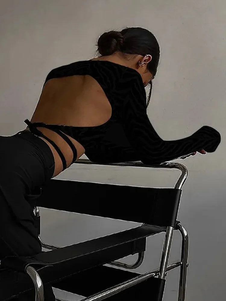 Backless Lace-Up Long Sleeve Top
