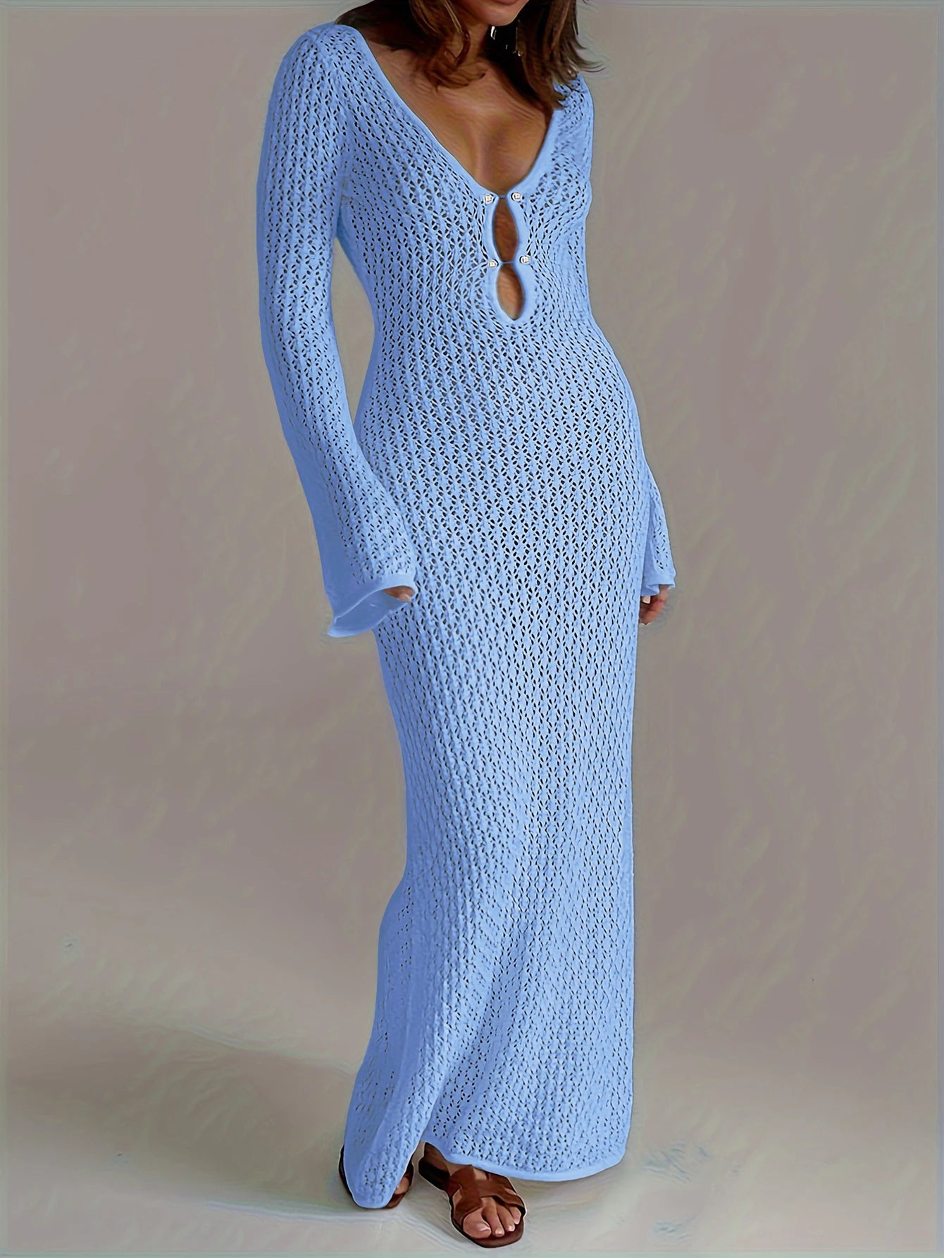 Moonlit Mirage – Sheer Knit Backless Beach Cover-Up