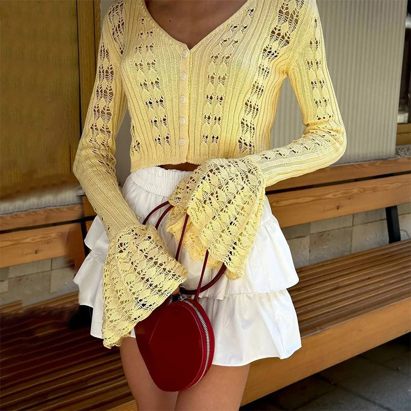 Starlit Dusk – Hollow Knit Slim Cardigan for Summer Evenings