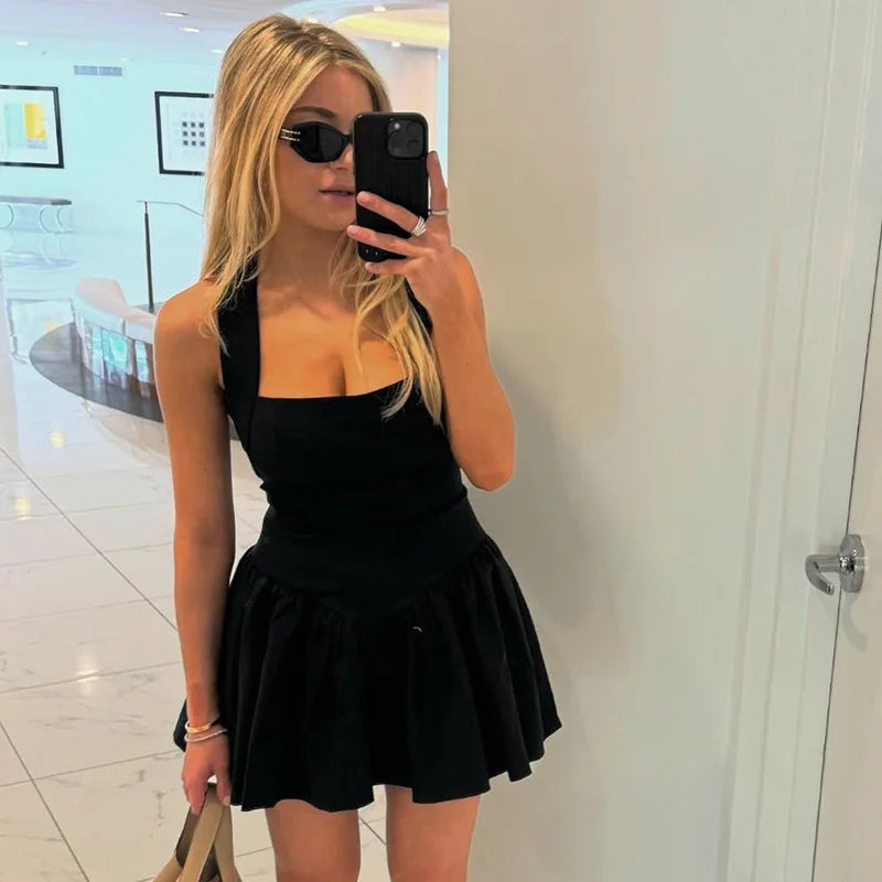 "Midnight Mirage" Sexy Backless Frill Mini Halter Dress