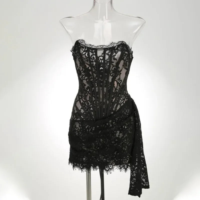 Midnight Bloom – Sheer Lace Strapless Evening Dress