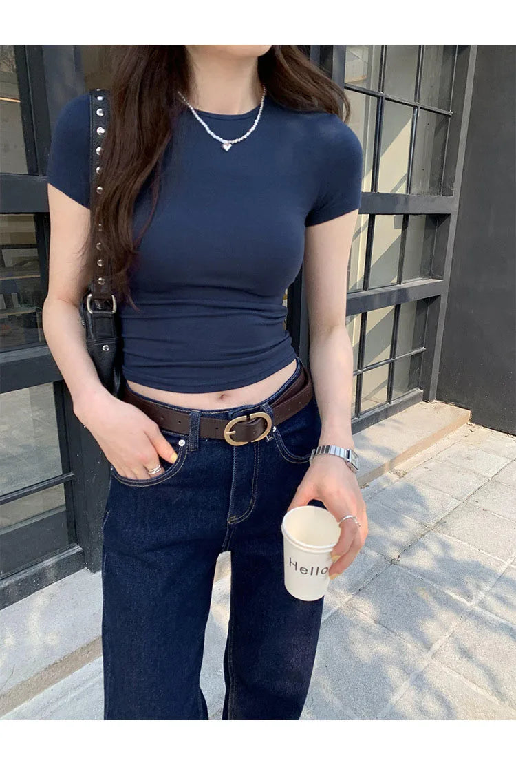 Basic Solid Crop Top Short Sleeve Crewneck Skinny T-shirt: A Whisper of Summer Elegance