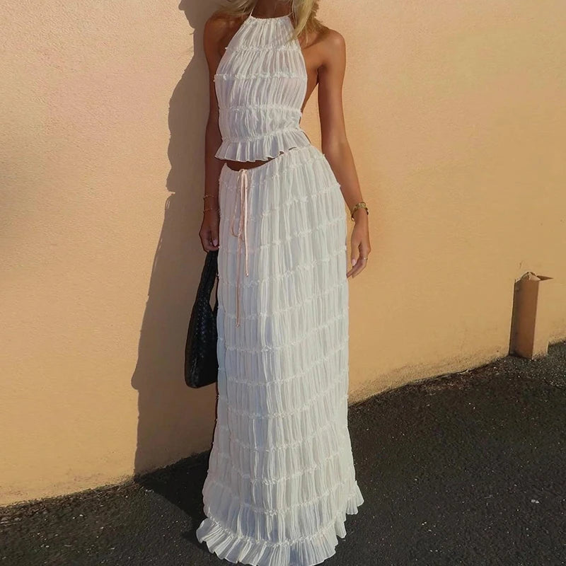 Sundazed Muse – Boho Backless Halter Top & Maxi Skirt Set
