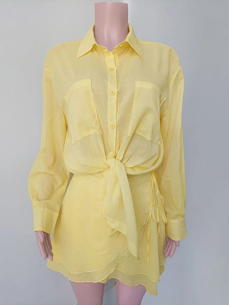 Yellow Turn-Down Collar Shirt & Bandage Mini Skirt Co-ord Outfit Summer Beachwear