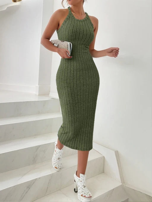 Chic Contour – Solid Halter Neck Bodycon Ribbed Knit Tank Dress for Women