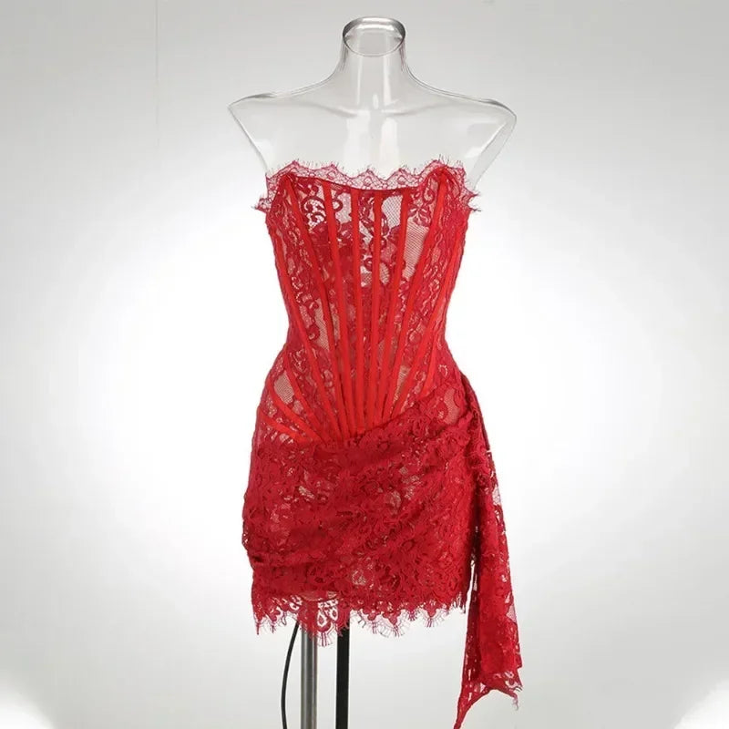 Midnight Bloom – Sheer Lace Strapless Evening Dress