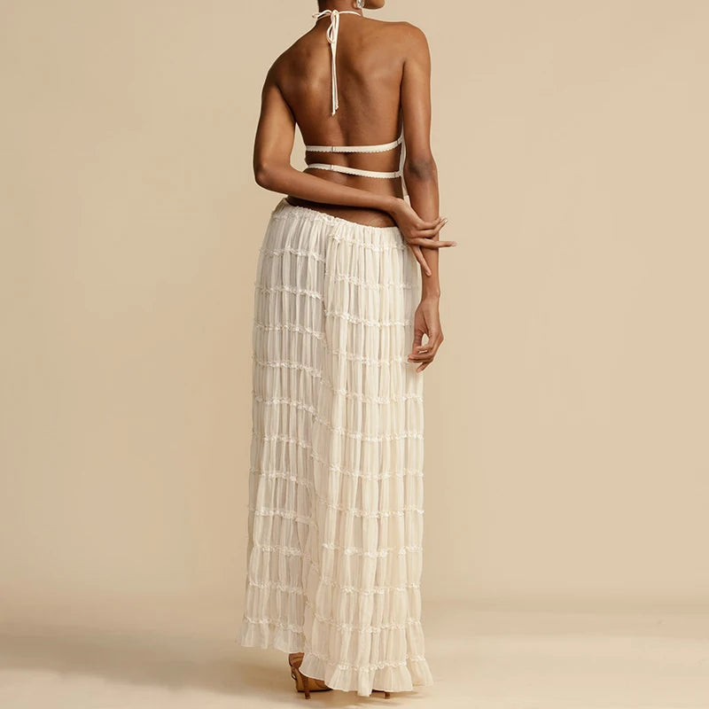Sundazed Muse – Boho Backless Halter Top & Maxi Skirt Set