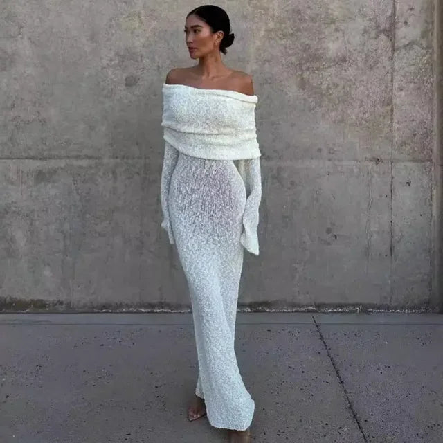 Starlit Reverie – Elegant Hollow-Out Off-Shoulder Knit Dress