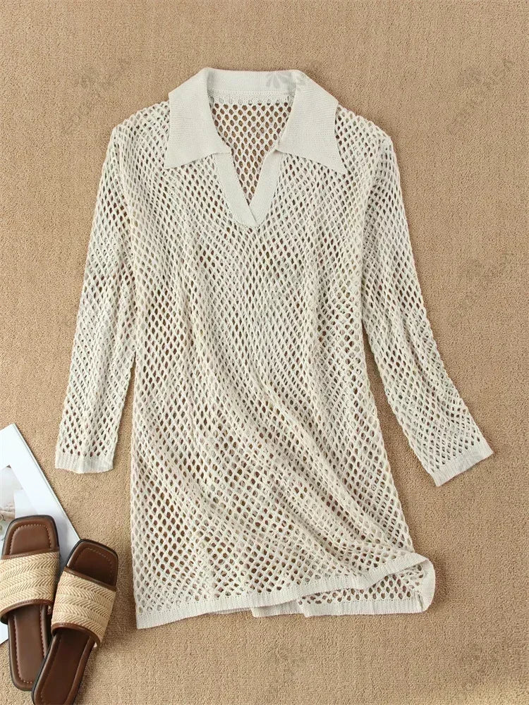 Golden Dune – Boho Hollow-Out Knit Midi Beach Dress
