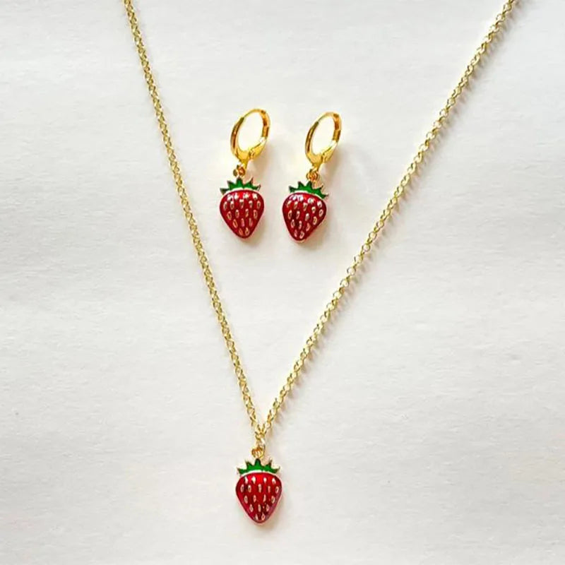 Sweetberry Delight: Strawberry Necklace & Earrings Set - Y2K Indie Jewelry