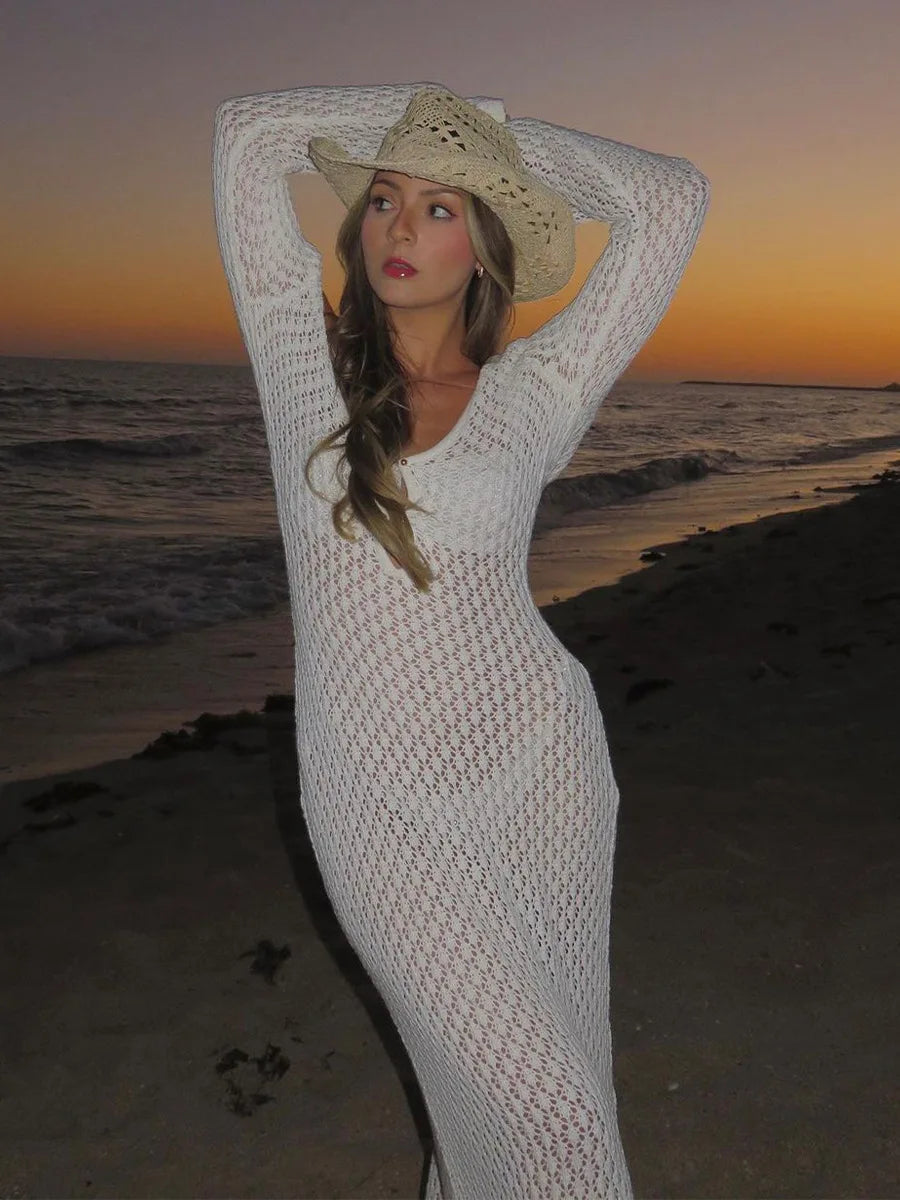 Moonlit Mirage – Sheer Knit Backless Beach Cover-Up
