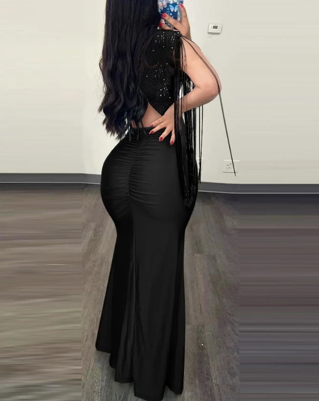 Elegant Sequin Ruched Evening Dress for Women – Sexy Slit Party Gown