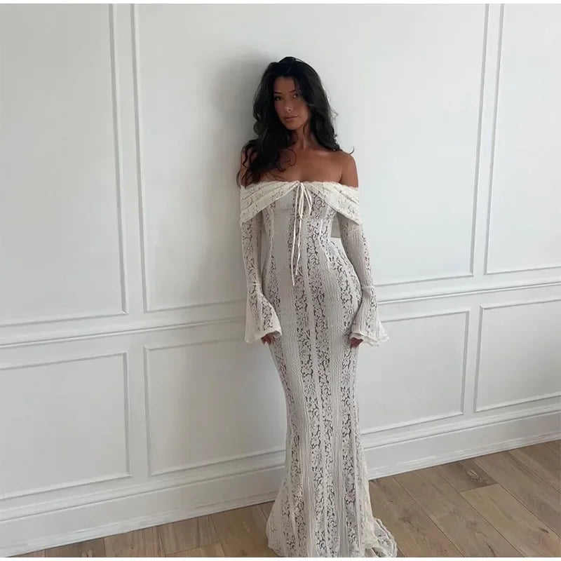 "Midnight Elegance" Lace-Up Backless Off-Shoulder Long Dress
