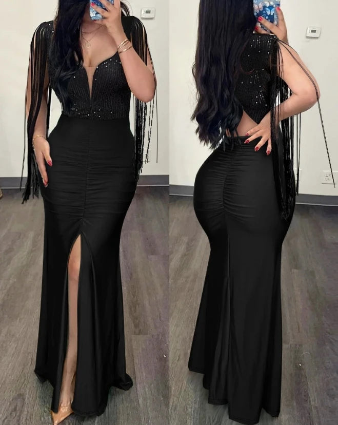 Elegant Sequin Ruched Evening Dress for Women – Sexy Slit Party Gown