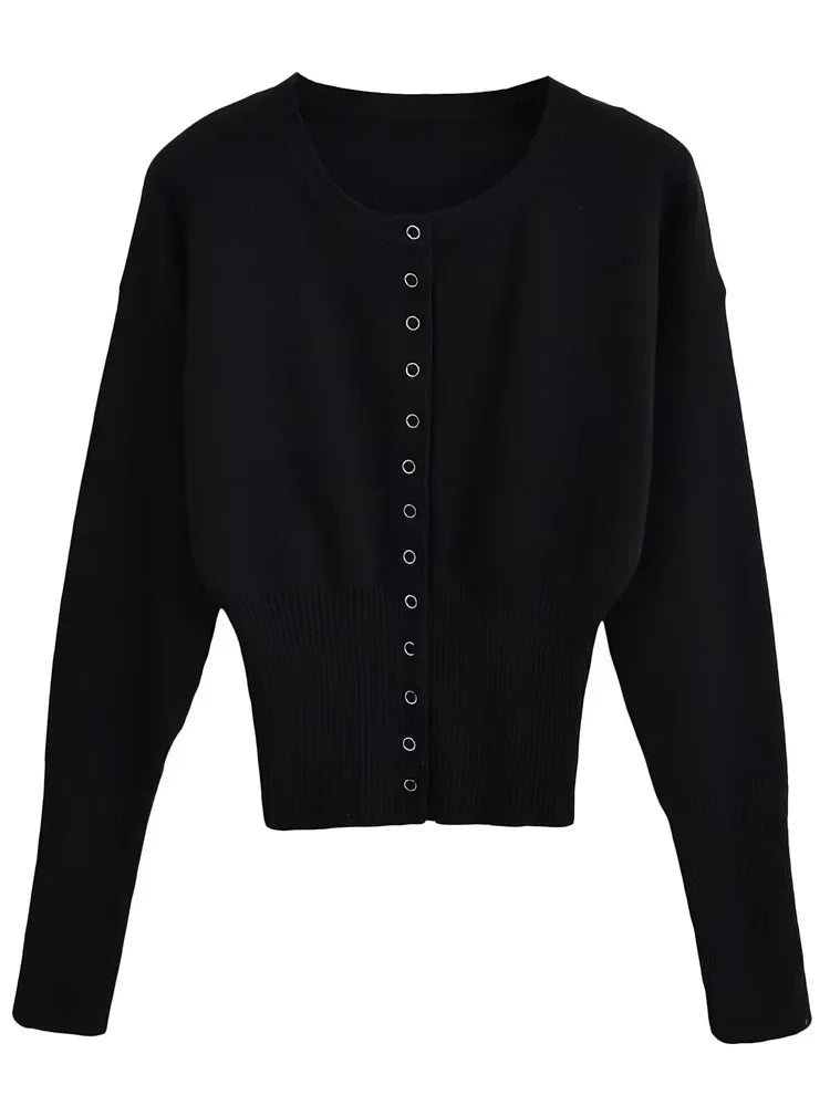 Whispers of Autumn – Ribbed Patchwork Cropped Knit Cardigan