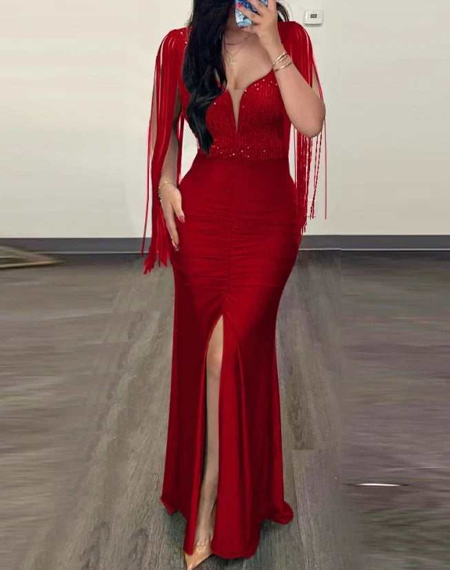 Elegant Sequin Ruched Evening Dress for Women – Sexy Slit Party Gown