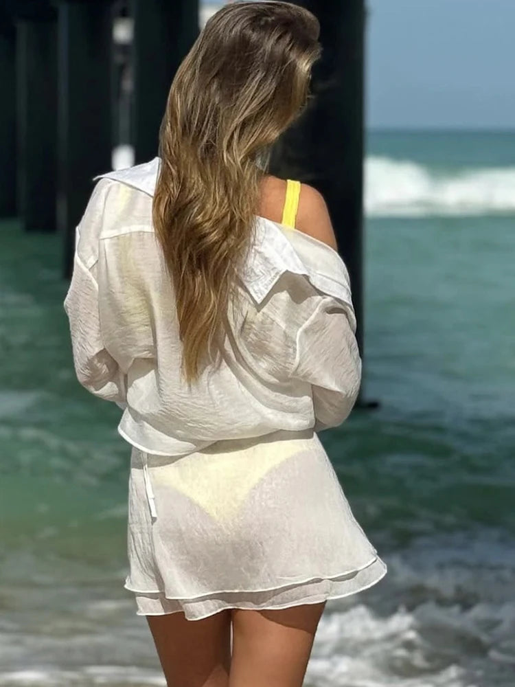 Yellow Turn-Down Collar Shirt & Bandage Mini Skirt Co-ord Outfit Summer Beachwear