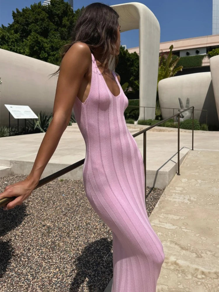 Solstice Whisper – Knit Backless Suspender Maxi Dress