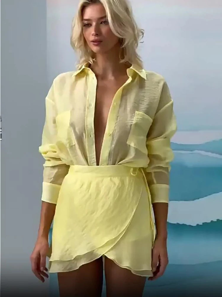 Yellow Turn-Down Collar Shirt & Bandage Mini Skirt Co-ord Outfit Summer Beachwear