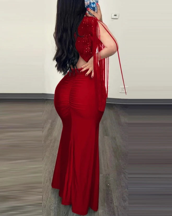Elegant Sequin Ruched Evening Dress for Women – Sexy Slit Party Gown
