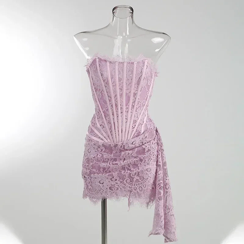 Midnight Bloom – Sheer Lace Strapless Evening Dress