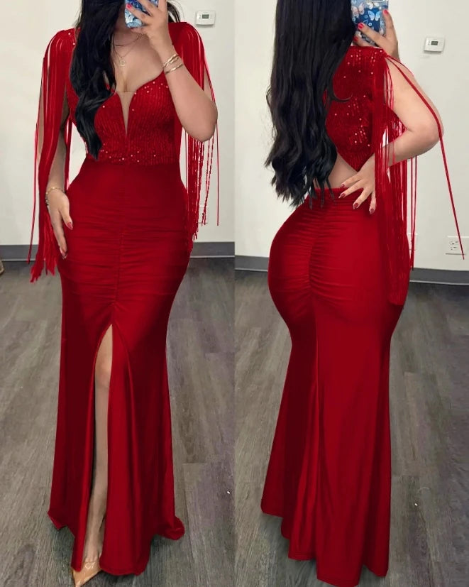 Elegant Sequin Ruched Evening Dress for Women – Sexy Slit Party Gown